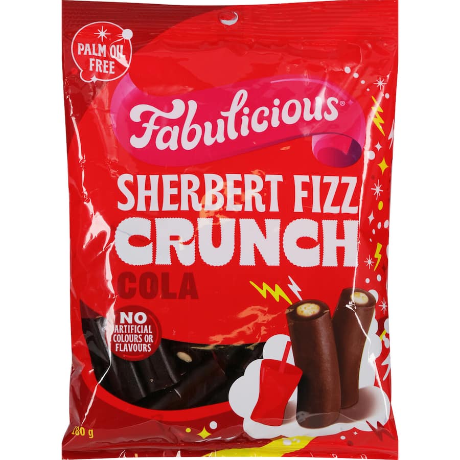 Fabulicious Sweets Cola Sherbert Fizz Crunch, a fizzy candy with a vibrant crunch and nostalgic cola flavor, perfect for snacks.