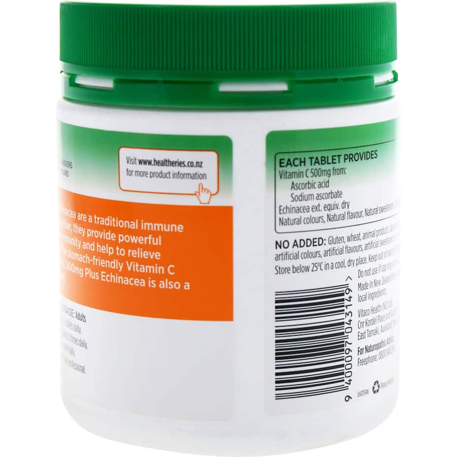 Healtheries Vitamin C with Echinacea 500mg capsules for immune support and antioxidant benefits, promoting overall health.