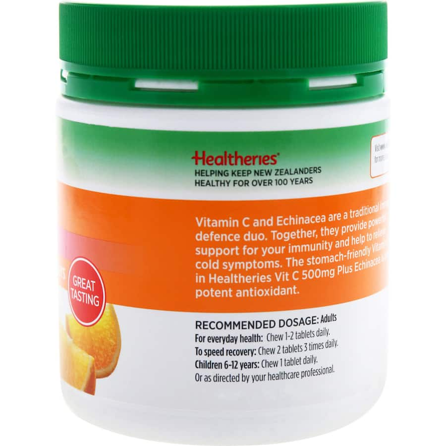 Capsules of Healtheries Vitamin C with Echinacea for immune support and overall health maintenance.