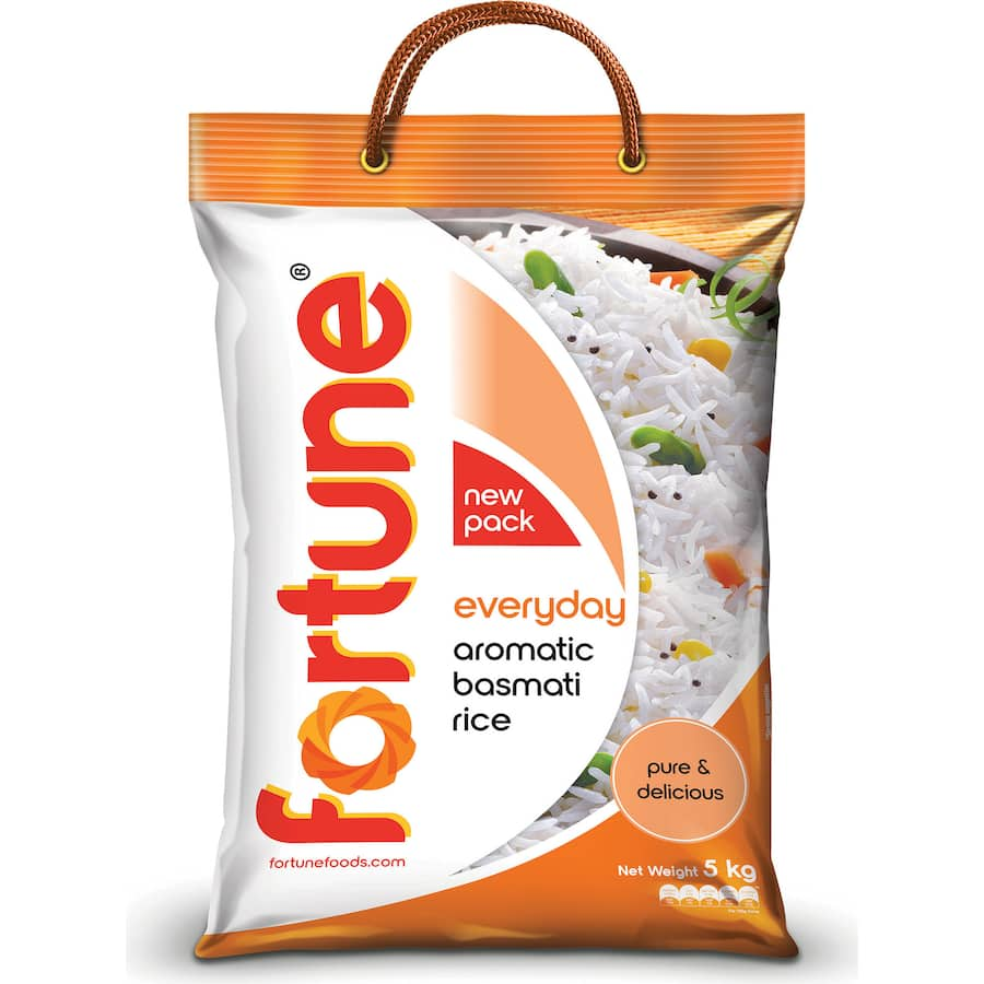 Premium Fortune Basmati Rice from the Himalayas, long-grain, gluten-free, aromatic, perfect for gourmet cooking.