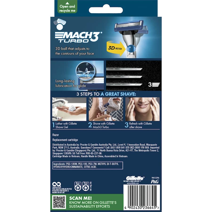Gillette Mach 3 Turbo 3D Razor with 2 refills, featuring ultra-thin blades and a Lubrastrip for a close, comfortable shave.