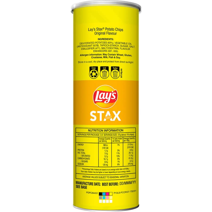 Lays Stax Potato Chips Original in a resealable container, featuring stackable, crunchy chips with classic potato flavor.