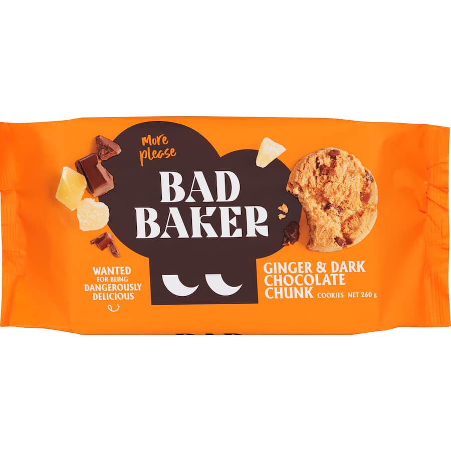 Delicious Bad Baker Cookies featuring NZ dark chocolate and crystallized ginger, perfect for tea time indulgence.