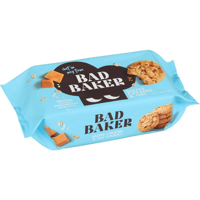 Delicious Bad Baker Cookies featuring salted caramel and oats, perfect for dunking in tea or enjoying as a sweet snack.