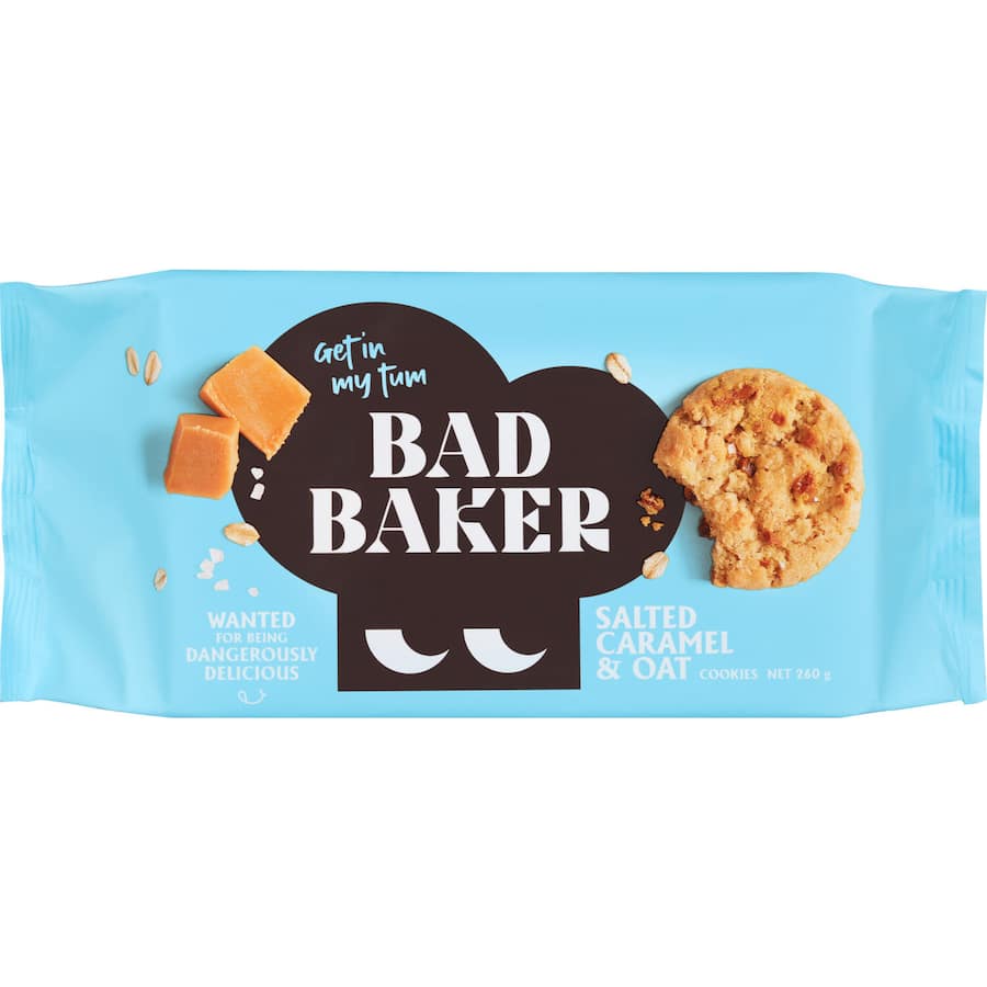 Delicious Bad Baker Cookies with salted caramel, oats, and chunks of chocolate, perfect for tea time or a sweet snack.