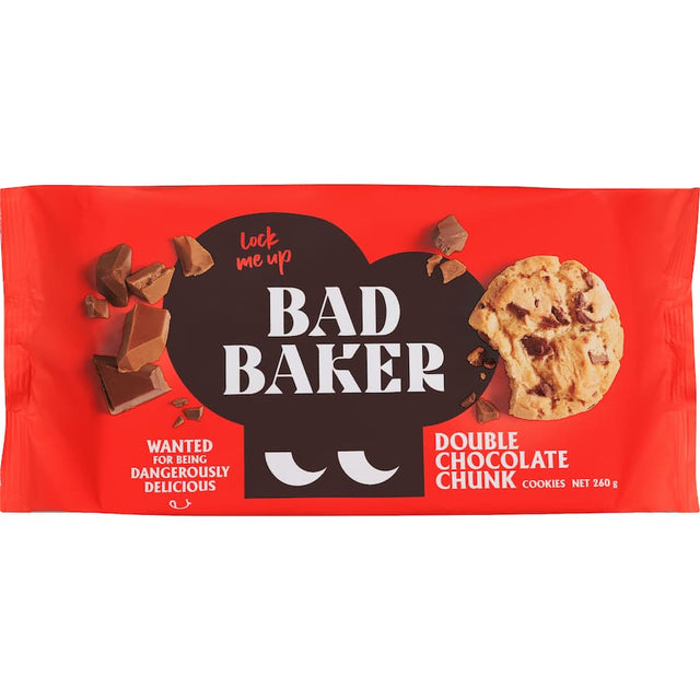 Delicious Bad Baker Chocolate Chunk cookies featuring rich chocolate chunks, soft texture, and made with 100% real butter.