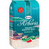 Riviana Arborio Rice package featuring pearly grains, perfect for making creamy Italian risottos and Mediterranean dishes.