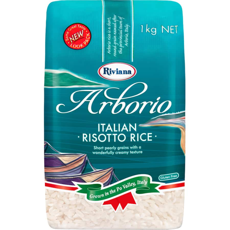 Riviana Arborio Rice in a bag, ideal for creamy Italian risottos and versatile Mediterranean dishes, featuring plump, pearly grains.