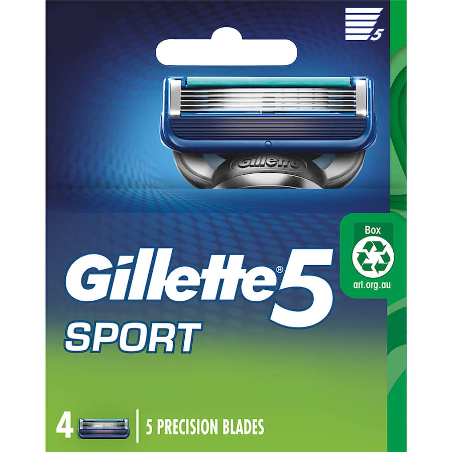 Gillette 5 Razor Blades Sport featuring five anti-friction blades for a precise and comfortable shave, ideal for sensitive skin.
