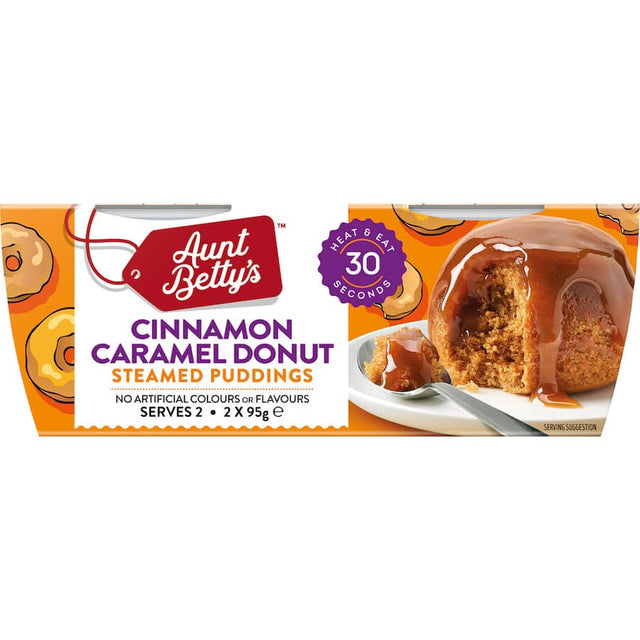 Aunty Bettys Cinnamon Caramel Donut steamed pudding, 190g, featuring rich cinnamon and gooey caramel for a delightful treat.