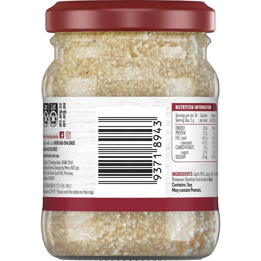 Masterfoods Garlic Finely Crushed in a jar, perfect for adding fresh garlic flavor to your favorite dishes effortlessly.