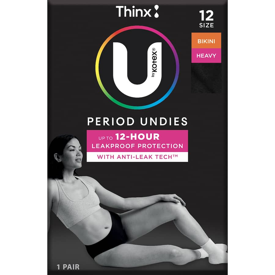 U By Kotex Period Undies in Bikini Regular Size 12, offering 12 hours of leak-proof protection with soft, breathable fabric.