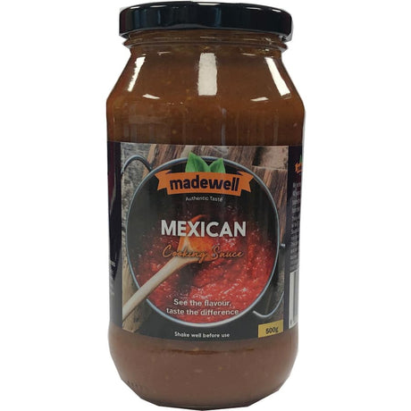 Madewell Cooking Sauce Mexican in a deep red-brown hue, infused with spices and tomato, perfect for authentic Mexican dishes.