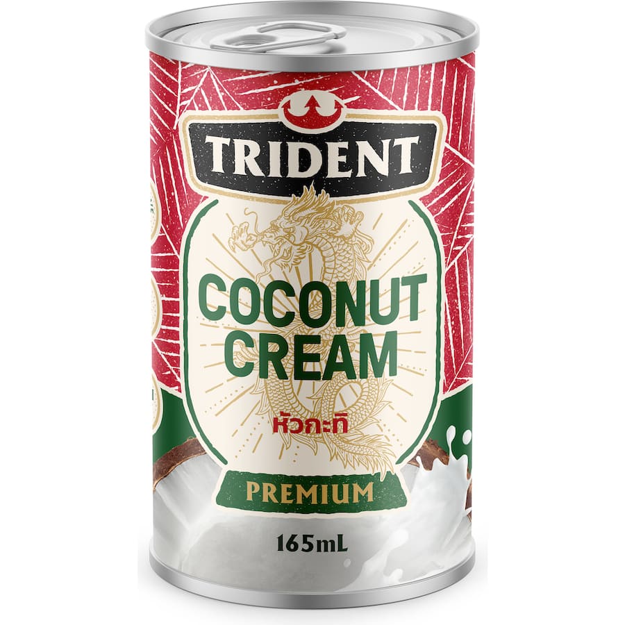 Thick and creamy Trident Coconut Cream, perfect for curries, desserts, and vegan recipes, capturing the essence of tropical flavor.