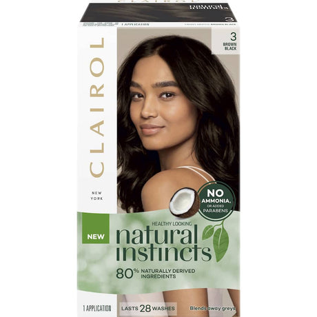 Clairol Natural Instincts Hair Colour 3 Brown, a semi-permanent dye with coconut oil, enhances natural shade and covers greys.