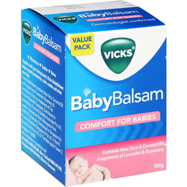 Vicks Baby Balsam Decongestant Rub in a jar, designed to soothe and moisturize babies' skin with calming natural ingredients.