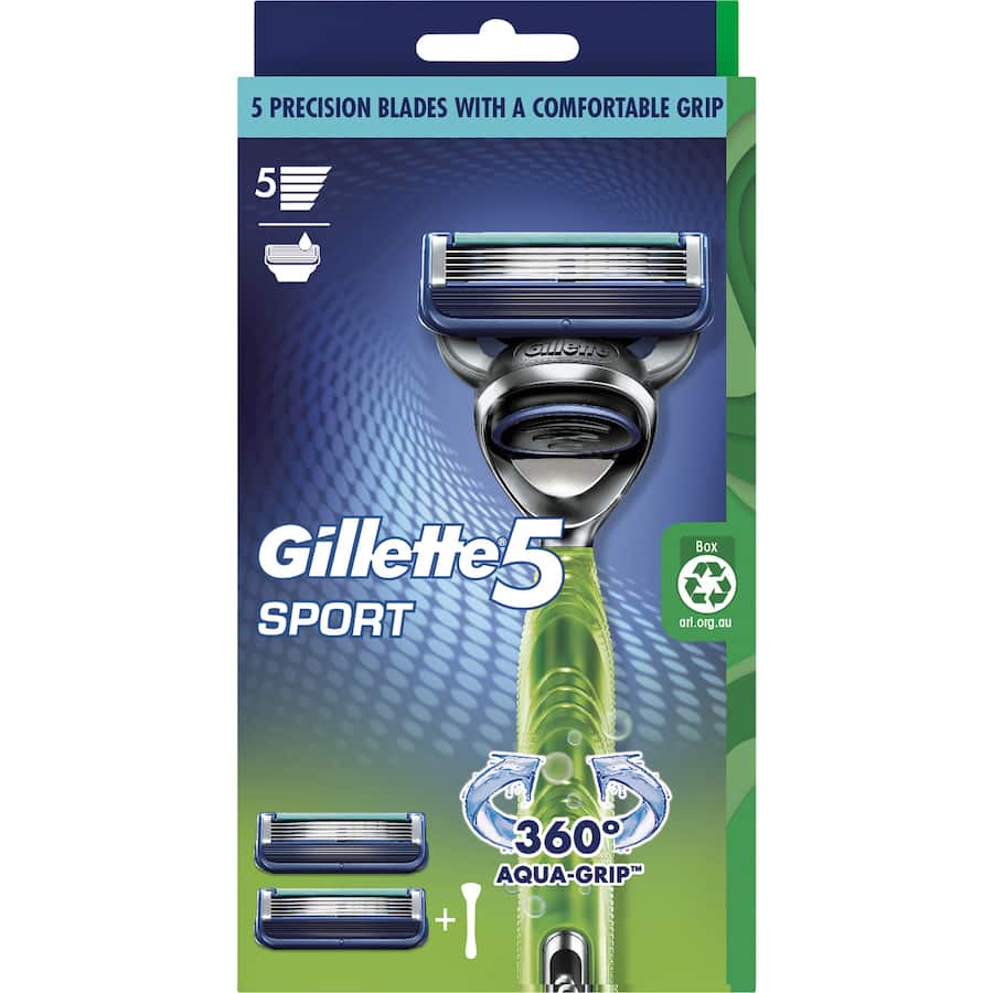 Gillette 5 Razor Sport with 360-degree Aqua Grip, five advanced blades, and microfins for a smooth, irritation-free shave.