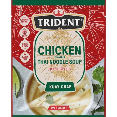 Trident Instant Soup Chicken Thai Noodle: Gluten-free soup with fragrant chicken, garlic, and soft noodles for a quick, tasty meal.