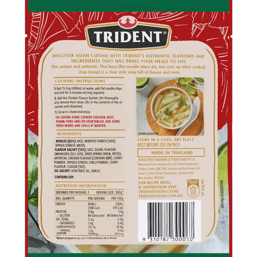 Bowl of Trident Instant Soup Chicken Thai Noodle, featuring gluten-free noodles in a fragrant chicken and garlic broth.