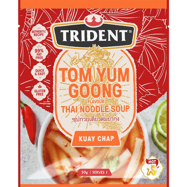 Trident Instant Soup Tom Yum Goong Noodle with shrimp, lemongrass, and chili for a quick, authentic Thai meal. Gluten-free and low-fat.