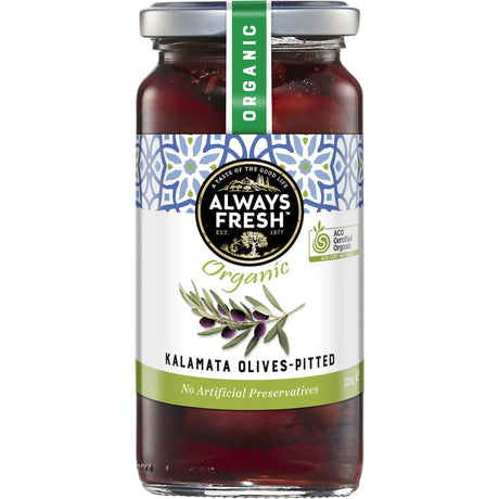 Organic Kalamata pitted olives, rich in flavor and antioxidants, perfect for snacking and culinary use.