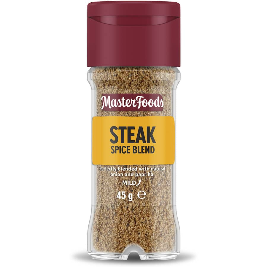 Masterfoods Steak Seasoning in a glass shaker, featuring savory spices like pepper and paprika for grilling meats and vegetables.