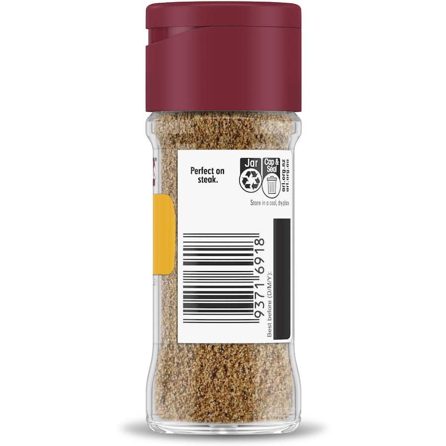 Masterfoods Steak Seasoning Spice Blend in a glass shaker, perfect for enhancing the flavor of grilled meats and vegetables.