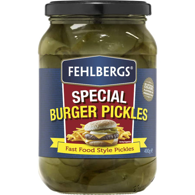 Bottle of Fehlbergs Gherkins Burger Pickles, showcasing crunchy, tangy gourmet pickles ideal for enhancing burgers and sandwiches.