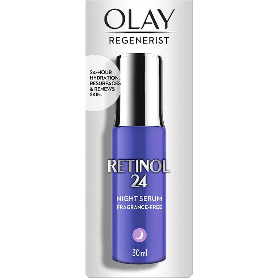 Olay Regenerist Retinol24 Night Serum: hydrates, renews, and resurfaces skin overnight for a youthful, radiant complexion.