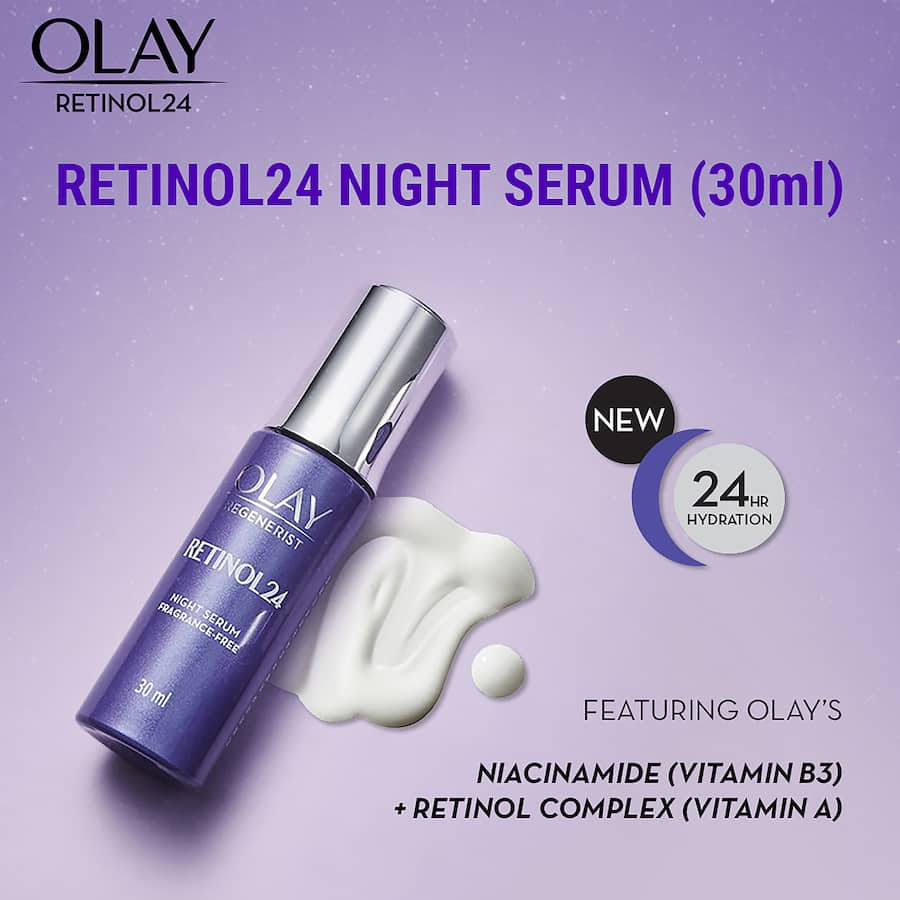 Olay Regenerist Retinol24 Night Serum: a powerful retinol and niacinamide formula for rejuvenated, hydrated skin overnight.