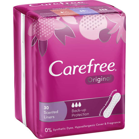 Carefree Panty Liners Shower Fresh: soft, discreet liners for everyday freshness, featuring a body-contoured shape and odor-neutralizing extracts.