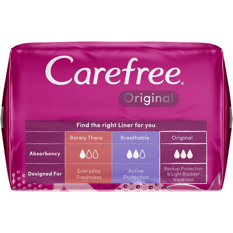 Carefree Panty Liners Shower Fresh feature a cottony soft cover, body-contoured shape, and odor-neutralizing plant extracts.