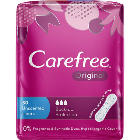 Carefree Panty Liners Regular in a pack of 30, offering comfort, secure fit, and extra coverage for daily freshness.