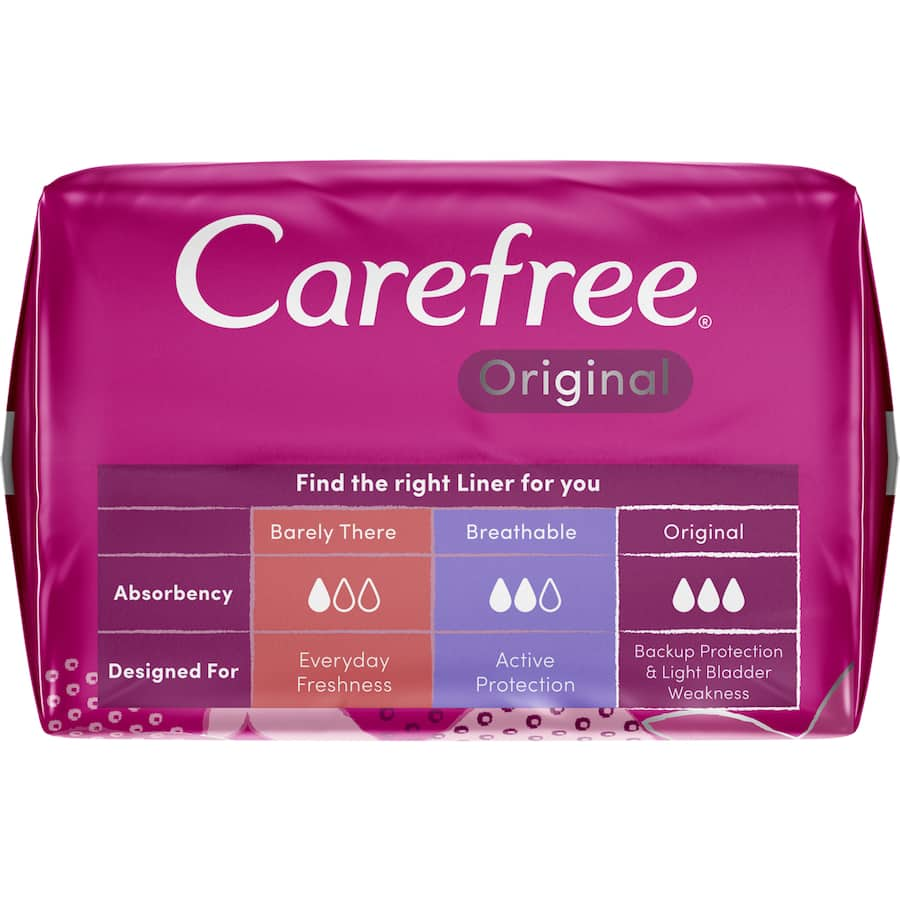 Carefree Panty Liners Regular: 30 unscented liners, longer for extra coverage, soft, secure fit for daily freshness and comfort.