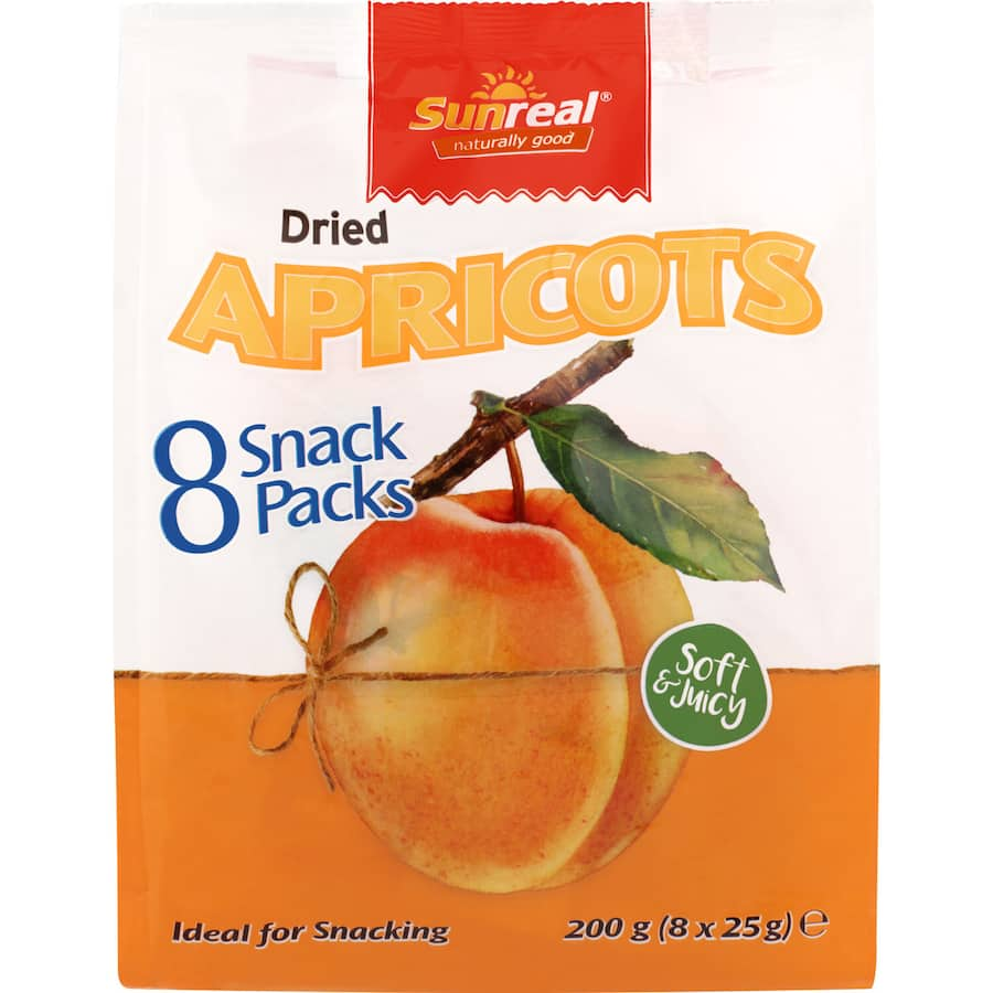 Sunreal Apricots 200g pack featuring chewy, sun-ripened dried apricots, perfect for healthy snacking anytime.