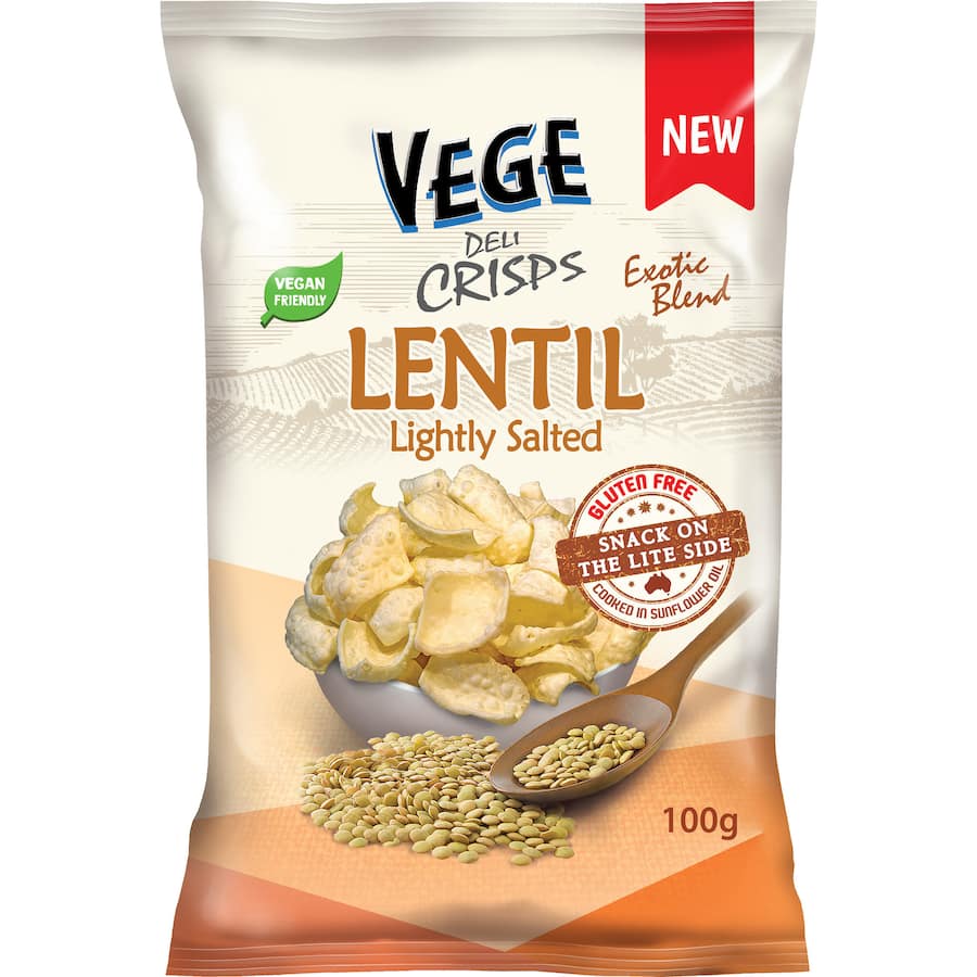 Lightly salted lentil chips with a crispy texture, gluten-free and packed with protein for a healthy snack.