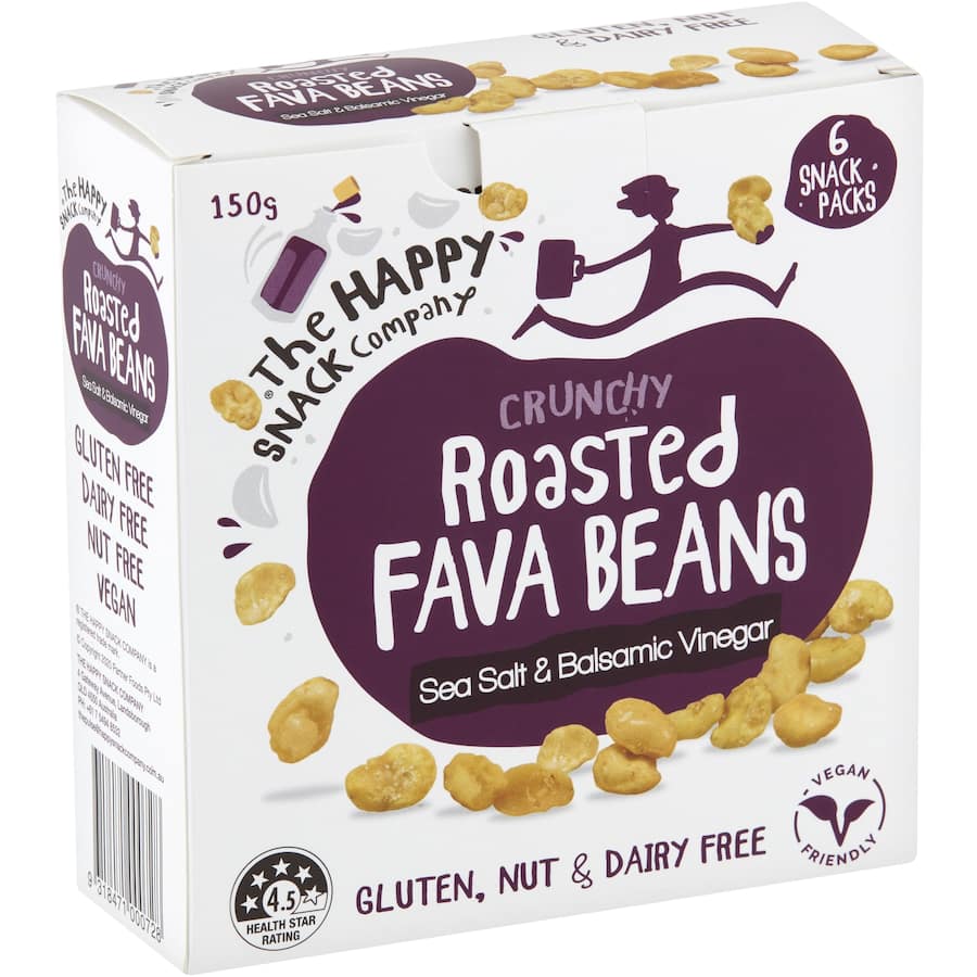 Crispy fava bean snacks with sea salt and balsamic vinegar, packed with plant-based protein and fiber.