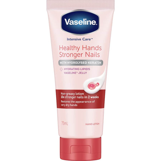 Vaseline Intensive Care Hand Cream & Nails with keratin, vitamin E, and micro-droplets for deep moisture and nail strength.