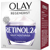 Olay Regenerist Retinol24 Night Face Cream: Anti-aging moisturizer for 24-hour hydration, featuring niacinamide and retinol for rejuvenated skin.