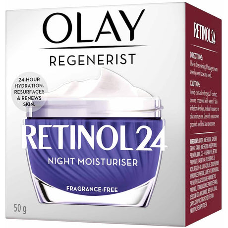 Olay Regenerist Retinol24 Night Face Cream: Anti-aging moisturizer for 24-hour hydration, featuring niacinamide and retinol for rejuvenated skin.