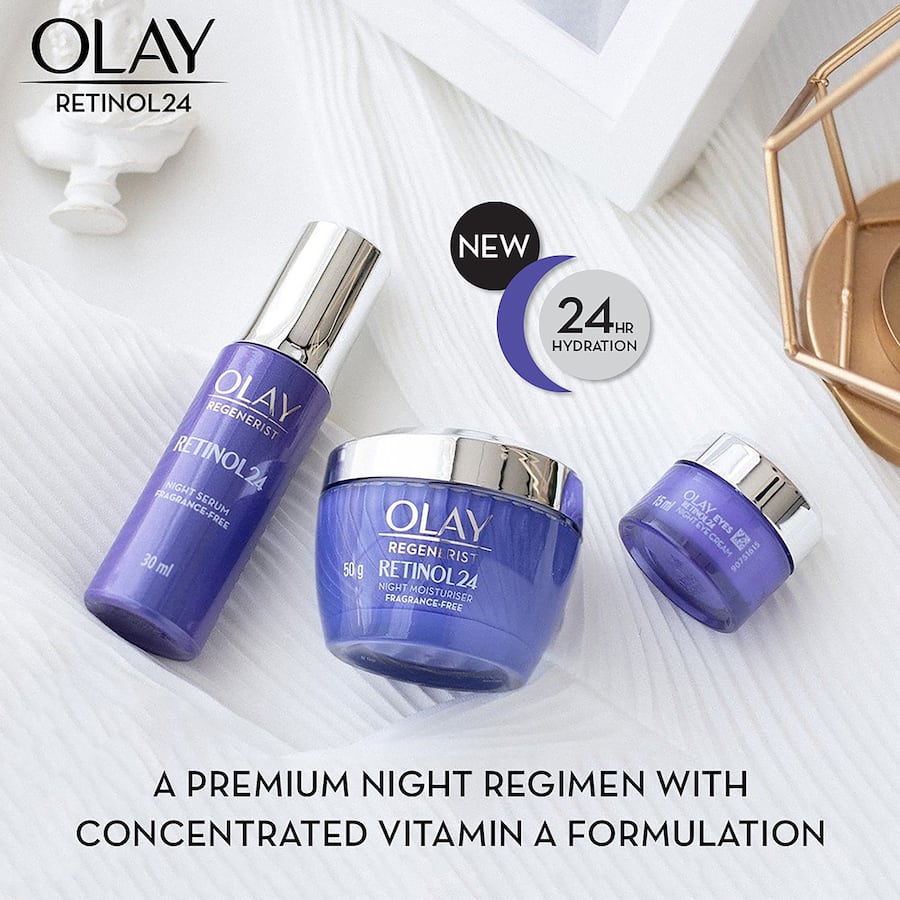 Olay Regenerist Retinol24 Night Face Cream, a hydrating anti-aging moisturizer for plumper, younger-looking skin overnight.