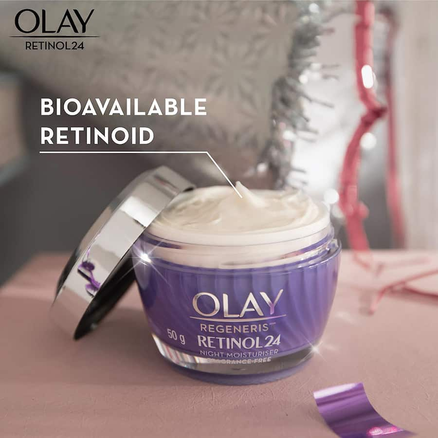 Olay Regenerist Retinol24 Night Cream, a hydrating anti-aging moisturizer for smoother, plumper skin overnight.