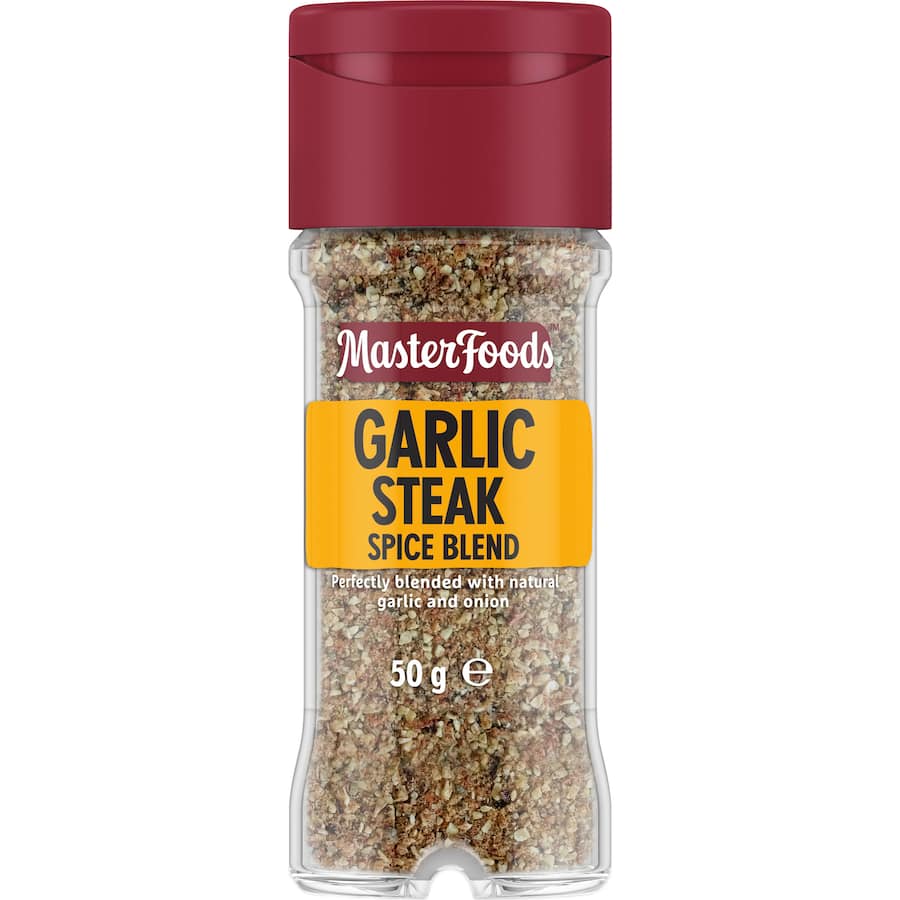 Masterfoods Garlic Steak Seasoning in a glass shaker, blending garlic, onion, and capsicum for flavorful steak dishes.