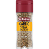 Masterfoods Garlic Steak Seasoning in a glass shaker, blending garlic, onion, and capsicum for flavorful steak dishes.