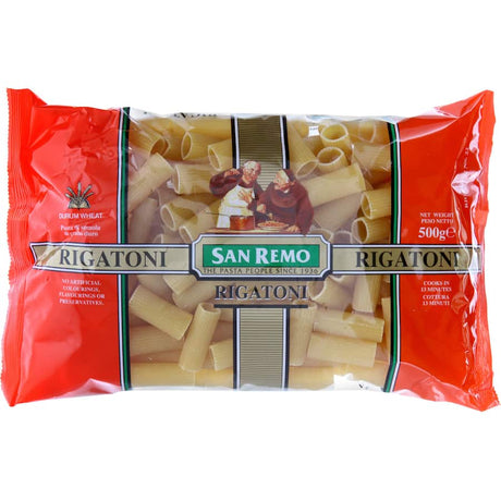 Close-up of San Remo Pasta Rigatoni No. 22, ridged tubes made from Australian wheat, ideal for hearty sauces and bakes.