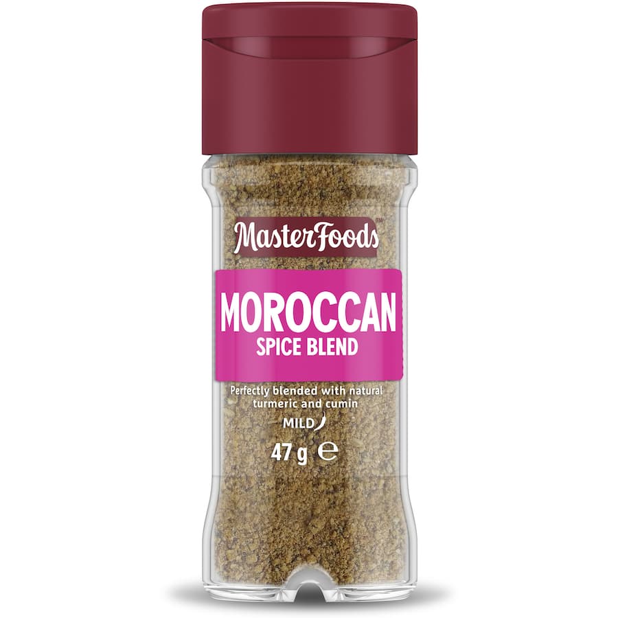 Glass shaker of Masterfoods Moroccan Seasoning Spice Blend, combining turmeric, paprika, and cumin for flavorful dishes.