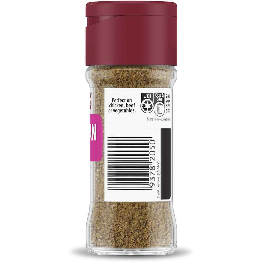 Masterfoods Moroccan Seasoning Spice Blend in a glass shaker, featuring a mix of turmeric, paprika, and cumin for rich flavor.