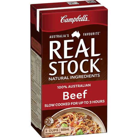 Campbell's Real Stock Beef Stock Liquid, 100% natural and 99% fat-free, enhances flavors in various gourmet recipes.