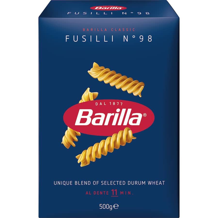 Barilla Pasta Fusilli No. 98, spiral-shaped pasta designed for rich sauces and delightful textures in every dish.