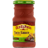 Old El Paso Mexican Taco Sauce Mild in a bottle, offering rich flavor without the heat, perfect for family meals.